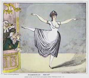 Anglický kreslený film zobrazující mužské členy publika uchvácené vystoupením kontroverzní francouzské baleríny Mademoiselle Parisot, 1802